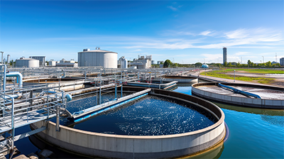 Industrial wastewater treatment plant with settlement tanks and filtration infrastructure
