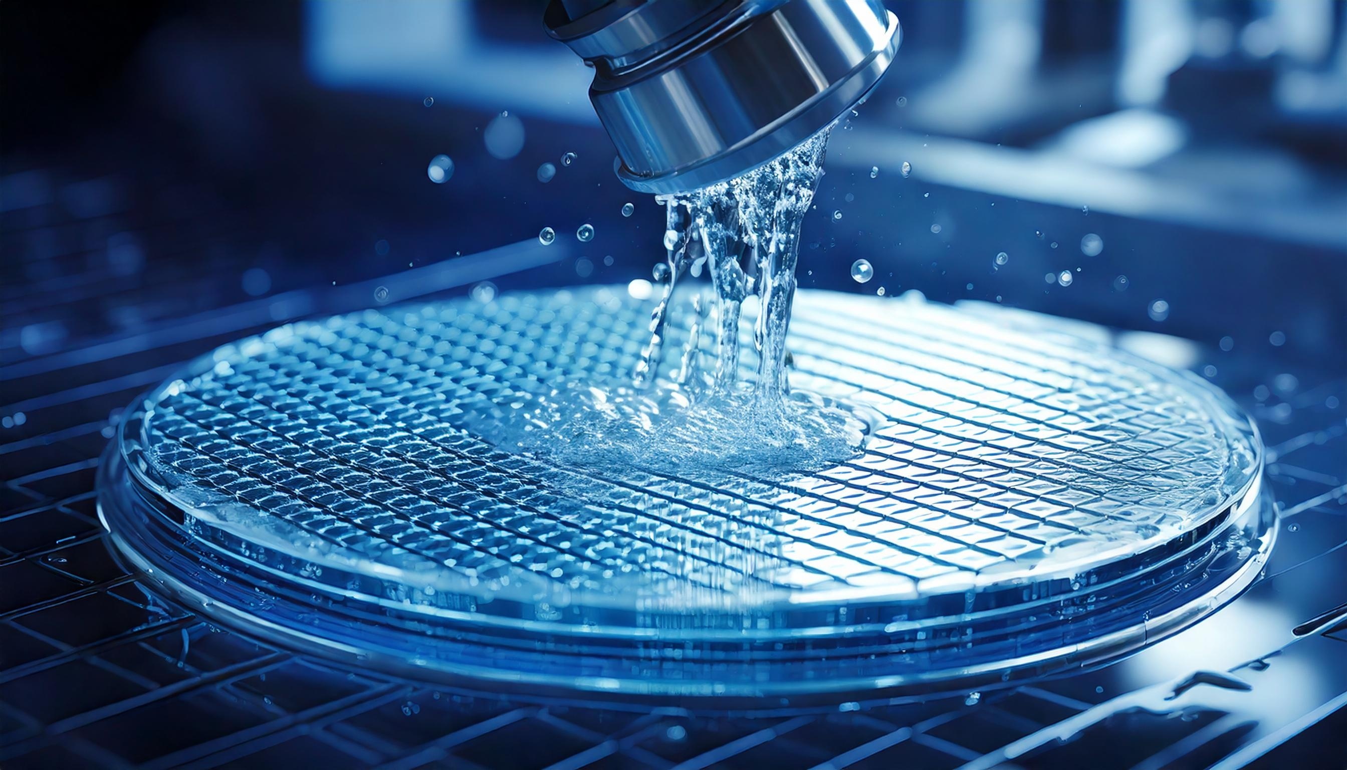 Close-up of liquid flowing through a pleated filter cartridge during filtration testing